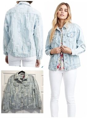 True Religion Women's Denim Trucker Jean Jacket Distressed Cyan Cyclone Coat XS